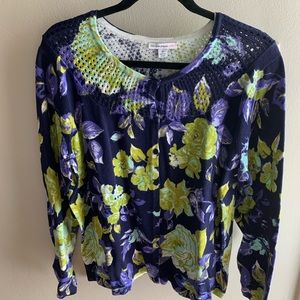 Isaac Mizrahi Live! Crochet Neck Cottage Rose Print Cardigan